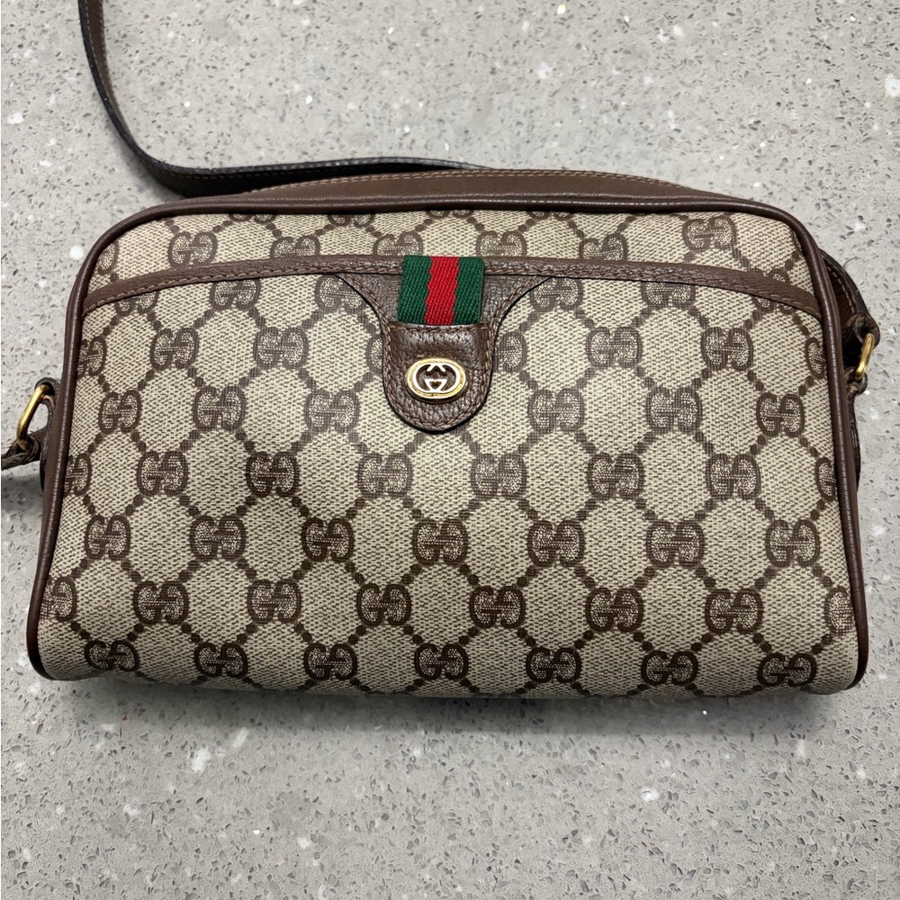 Gucci GG Monogram Canvas Crossbody with Web Stripe - Brown/Tan
